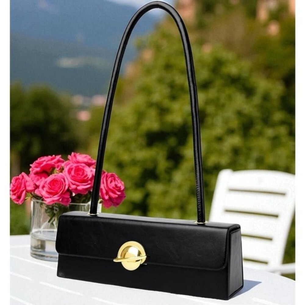 Purse Black Rectangular Shoulder Bag Gold Planet Turn Lock‎ Saturn Clasp Bag